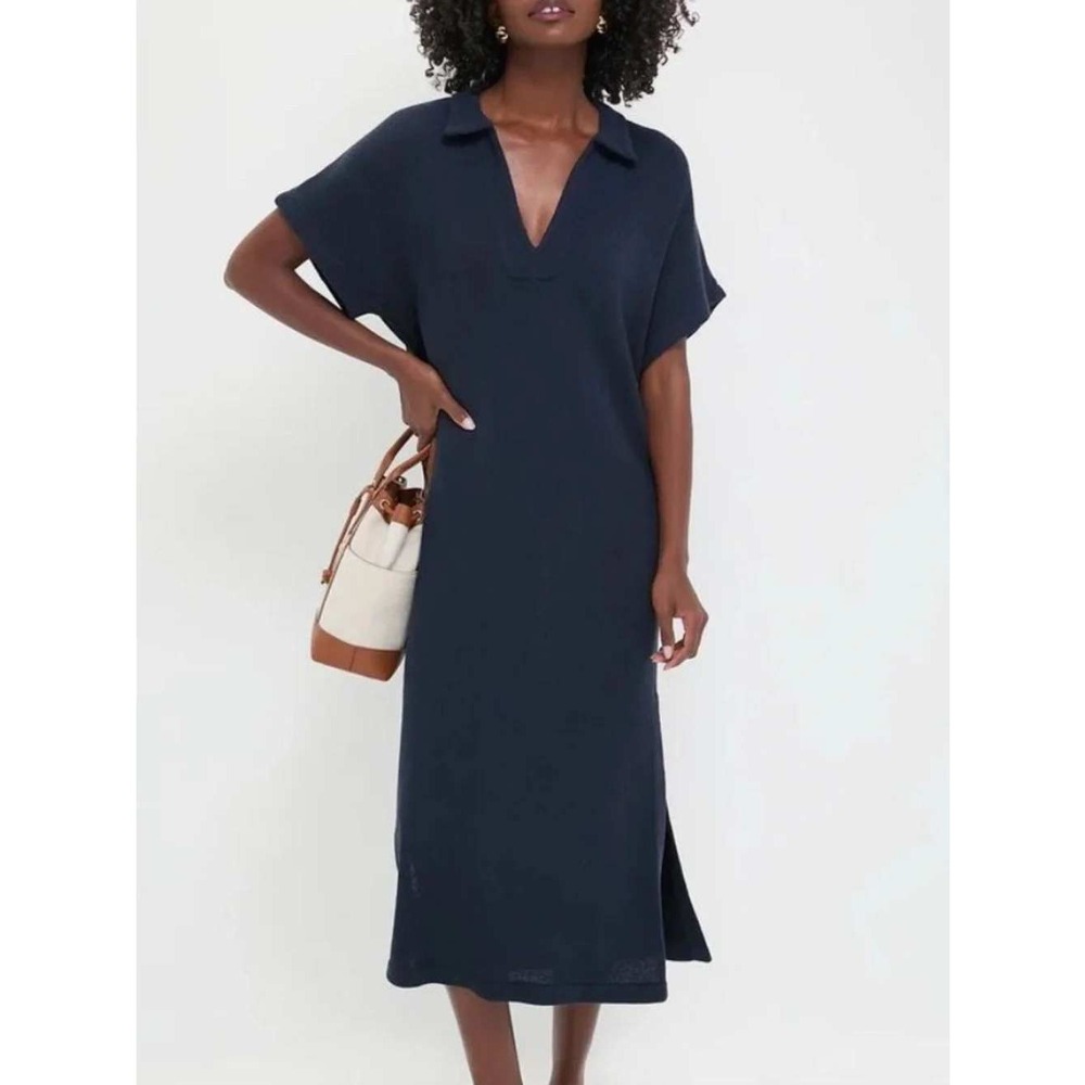 Tuckernuck Black Knit Maren Polo Midi Dress V-Neck Side Slits Medium Career Prep